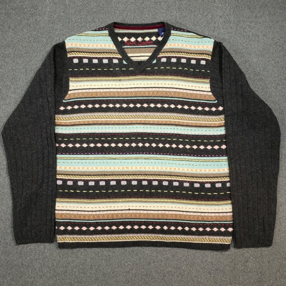 Robert Graham Lambswool Sweater‎ Mens Large Gray Multi Color Striped V Neck